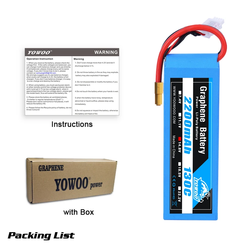 Yowoo-Bater&iacute;a de grafeno Lipo 2S, 3S, 4S, 6S, 2200mah, 2600mah, 1300mah, 1500mah, EC3 T, XT60, enchufe, 130C, piezas de aviones teledirigidos, 2 uds.-4
