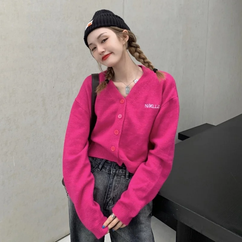 Женский вязаный кардиган с вышивкой алфавита V-образным вырезом и длинным