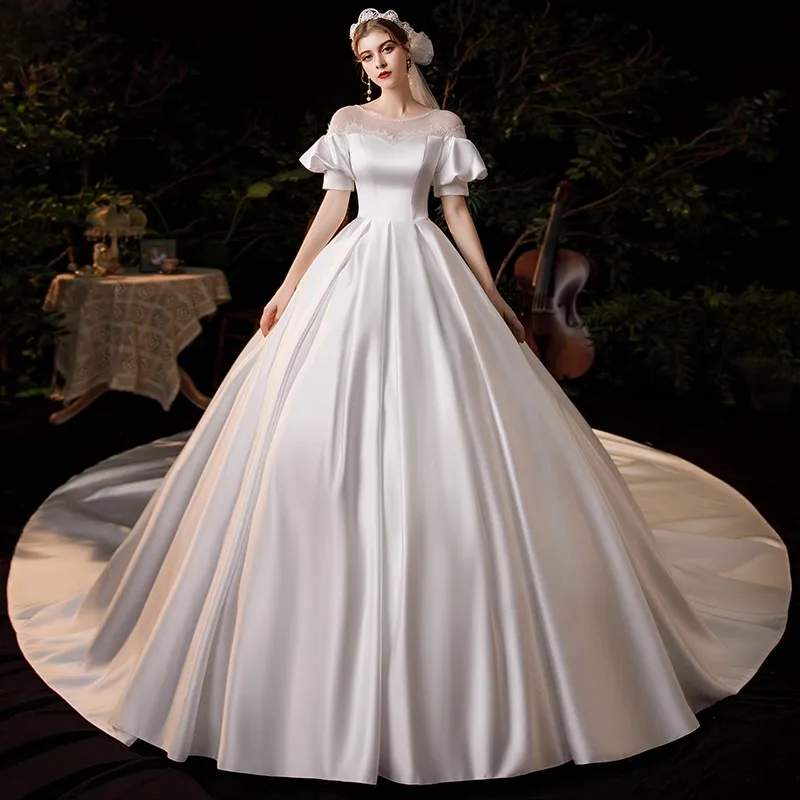 

Elegant Luxury Brand Wedding Dress Plus Size With Puff Sleeve Stain Wedding Gown 2021 New Long Train Lace Dresses Bride Princess