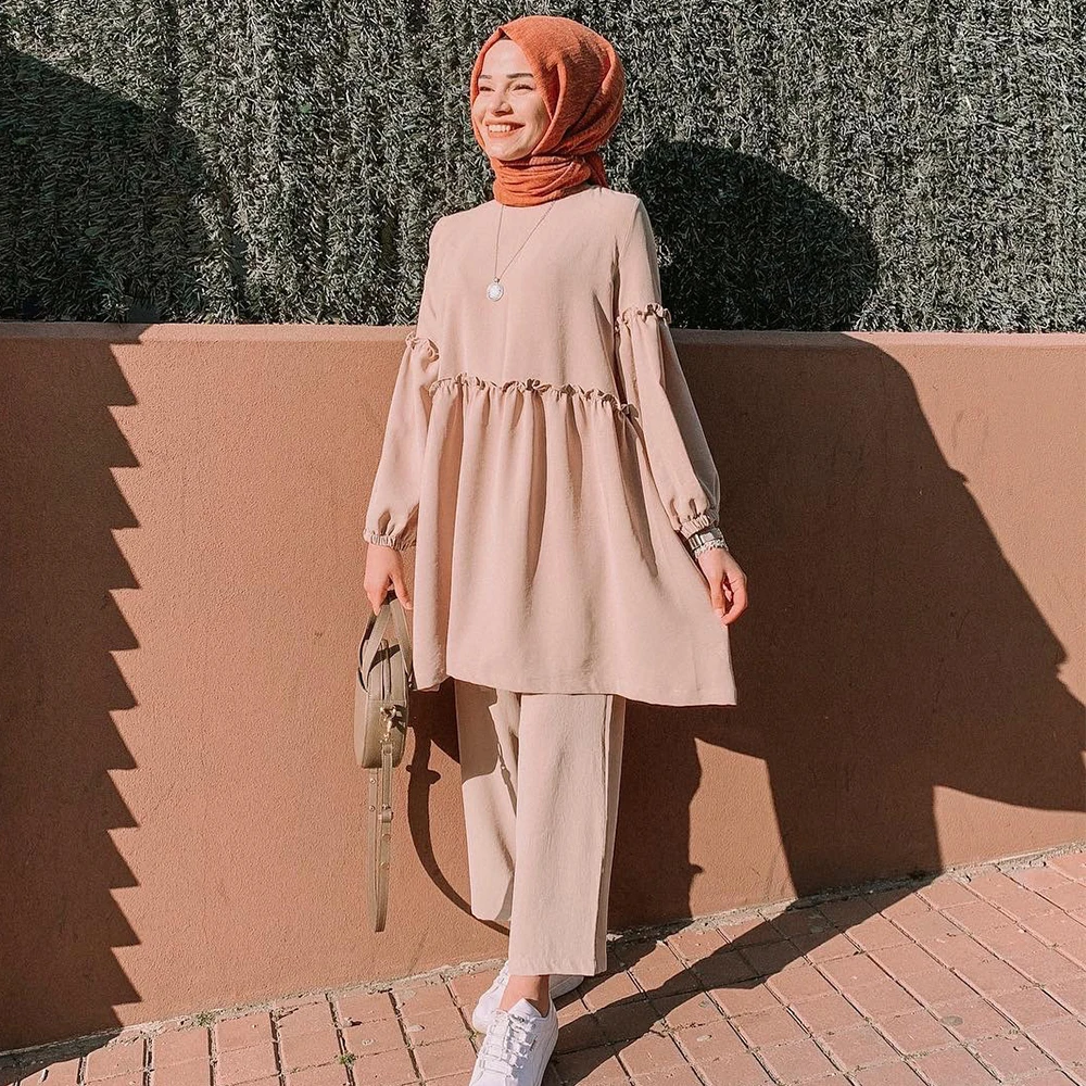 Muslim Ramadan Two Piece Set Women Sets Arab Turkey Islam Solid Tops and Long Pant Islamic Clothing Abaya Musulman Ensembles |
