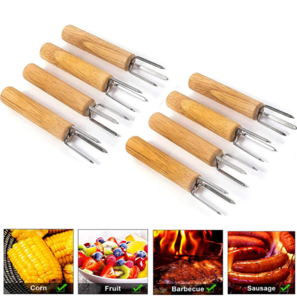 

Wooden Handle Stainless Steel BBQ Meat Fruit Forks Barbecue Corn Holder homeous Camping Barbecue Forks Multifunctional Tools