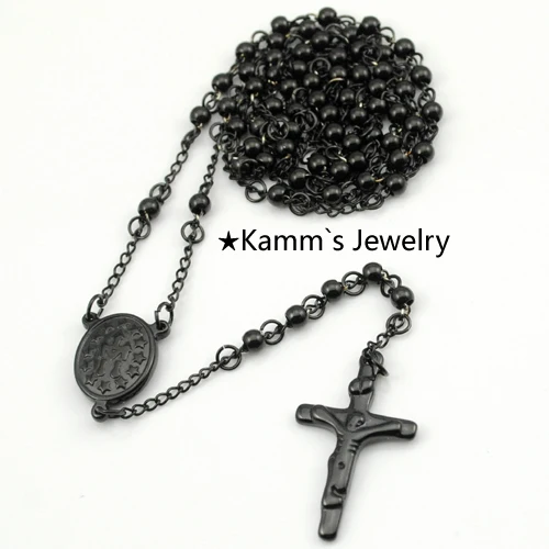 AMUMIU 4 мм четки бусины Черная Цепь из нержавеющей стали подвески ожерелья крест