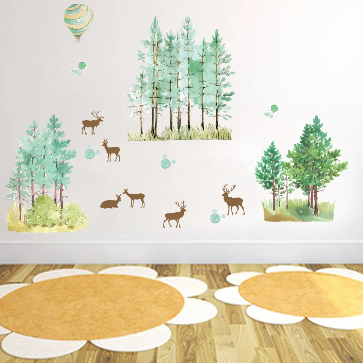 

Cartoon wall stickers Hand Painted jungle wild animal deers tree hot air balloon wallpaper for kids room living room home decor