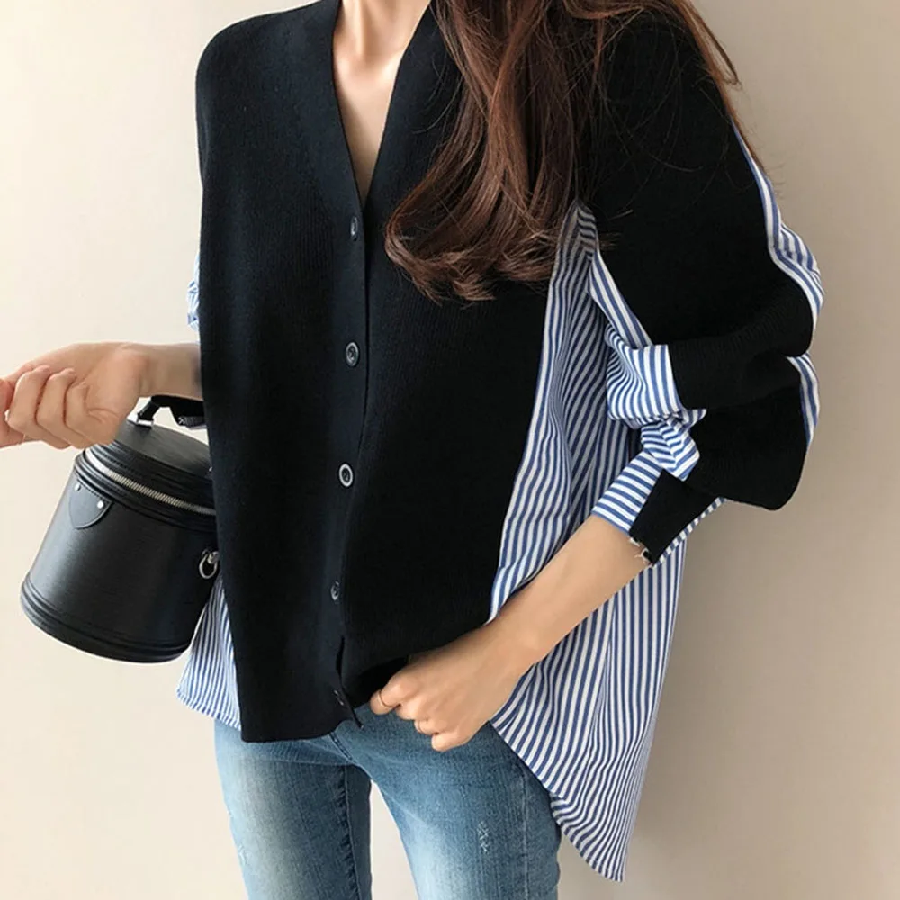 

Black Knitted Sweater 2021 Women Tops V-neck Korean Fashion Pullover Stripes Patchwork Ladies Color Block Shirt Women's Shirt