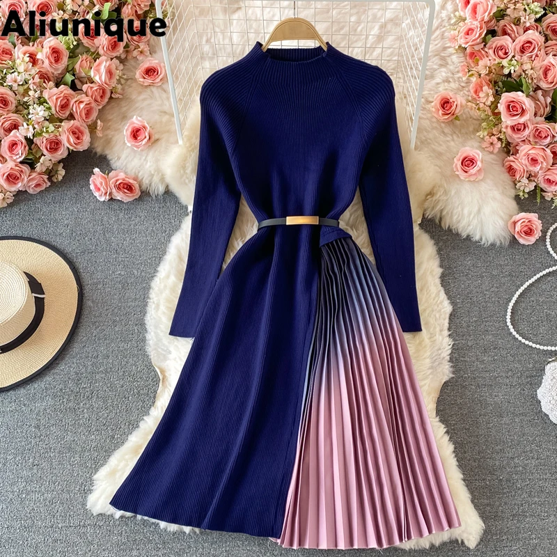 

Aliunique New Women Autumn Knitted Splicing Folds Dress Fashion Slim Elastic Bodycon Dress Trendy Lady Warm Sweater Clothes