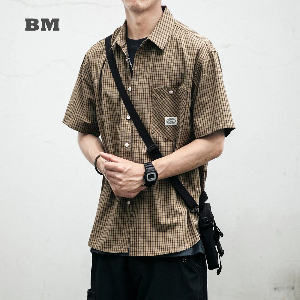 

Summer Japanese Streetwear Retro Short Sleeve Plaid Shirt 2021 High Quality Harajuku Lapel Top Men Clothing Korean Fashion Male