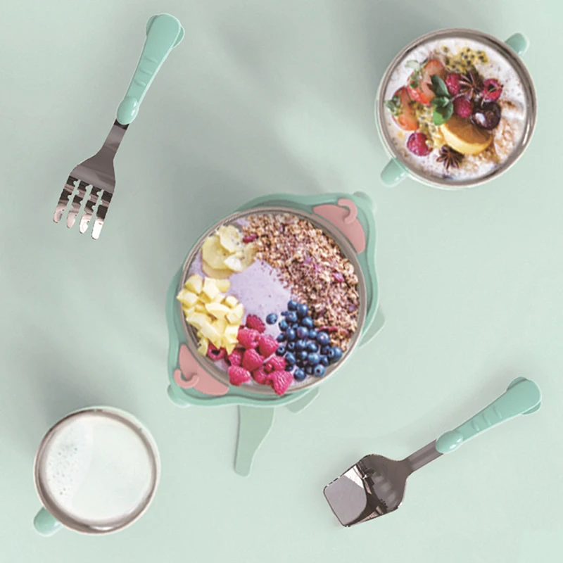 

Children's tableware stainless steel anti-drop bowl sucker bowl food supplement bowl spoon pink green 4 piece set