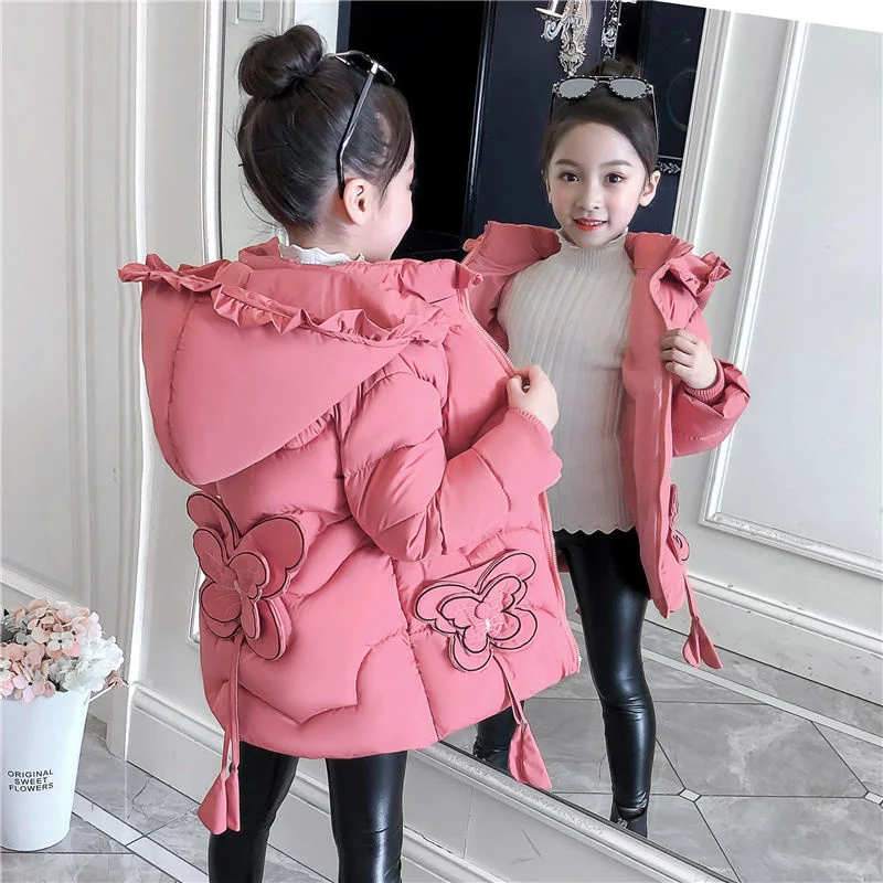 

3-12Y toddler Girls Long Jacket Outwear Children Cotton-padded Jacket Girl Winter down Clothes Warm Coat Fur Hooed Snowsuit Kids