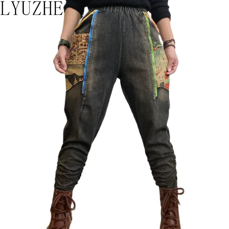 

Женские винтажные джинсовые шаровары LYUZHE в стиле пэчворк, осень 2021, женские брюки с боковой молнией, черные женские джинсы QDY261