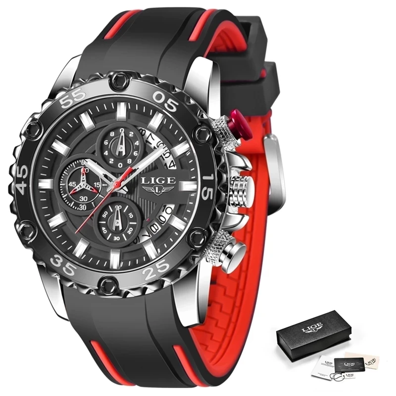 

2020 Watches Mens LIGE Top Brand Waterproof Clock Male Silicone Strap Sport Quartz Watch For Men Big Dial Chronograph Wristwatch