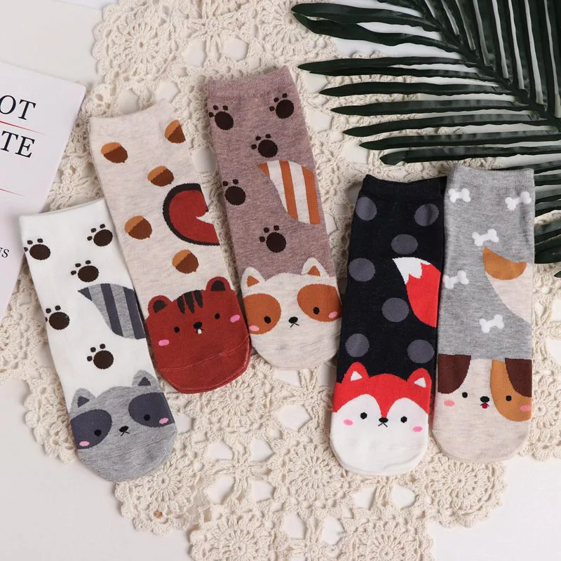 

5 Pairs Cartoon Kawaii Women Short Socks Cute Animal Patterned Cotton Ankle Socks Student Casual Printed Socks Female