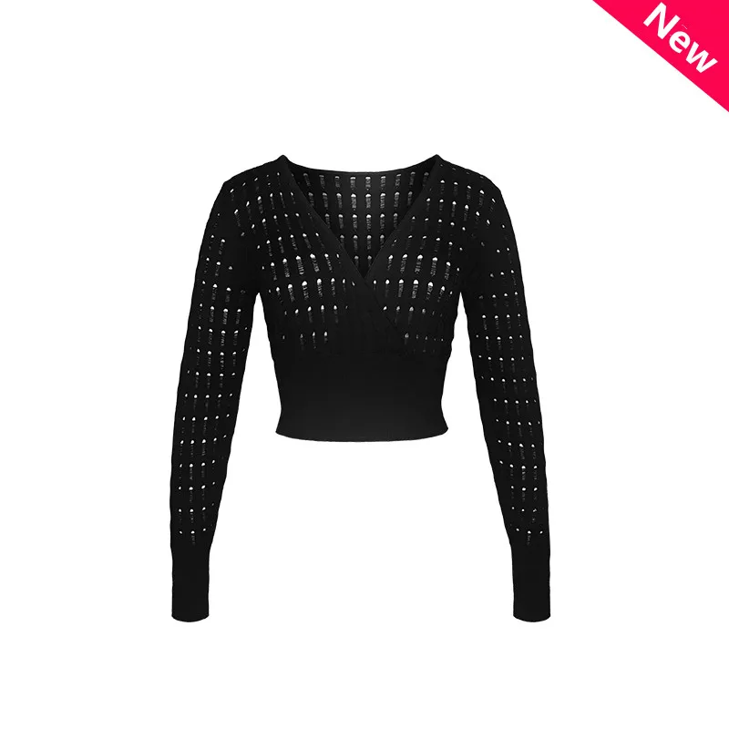 

Ballet Practice Top Cotton Knitted Hollow Cross V-neck Short Training Sweater High Waist Adult Black Dance Wear Adult Costumes