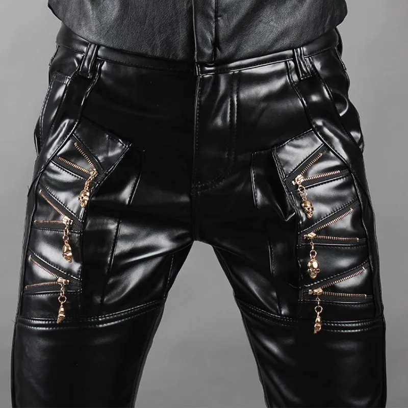 Новинка мужские кожаные брюки в стиле хип-хоп мотоциклетные облегающие для