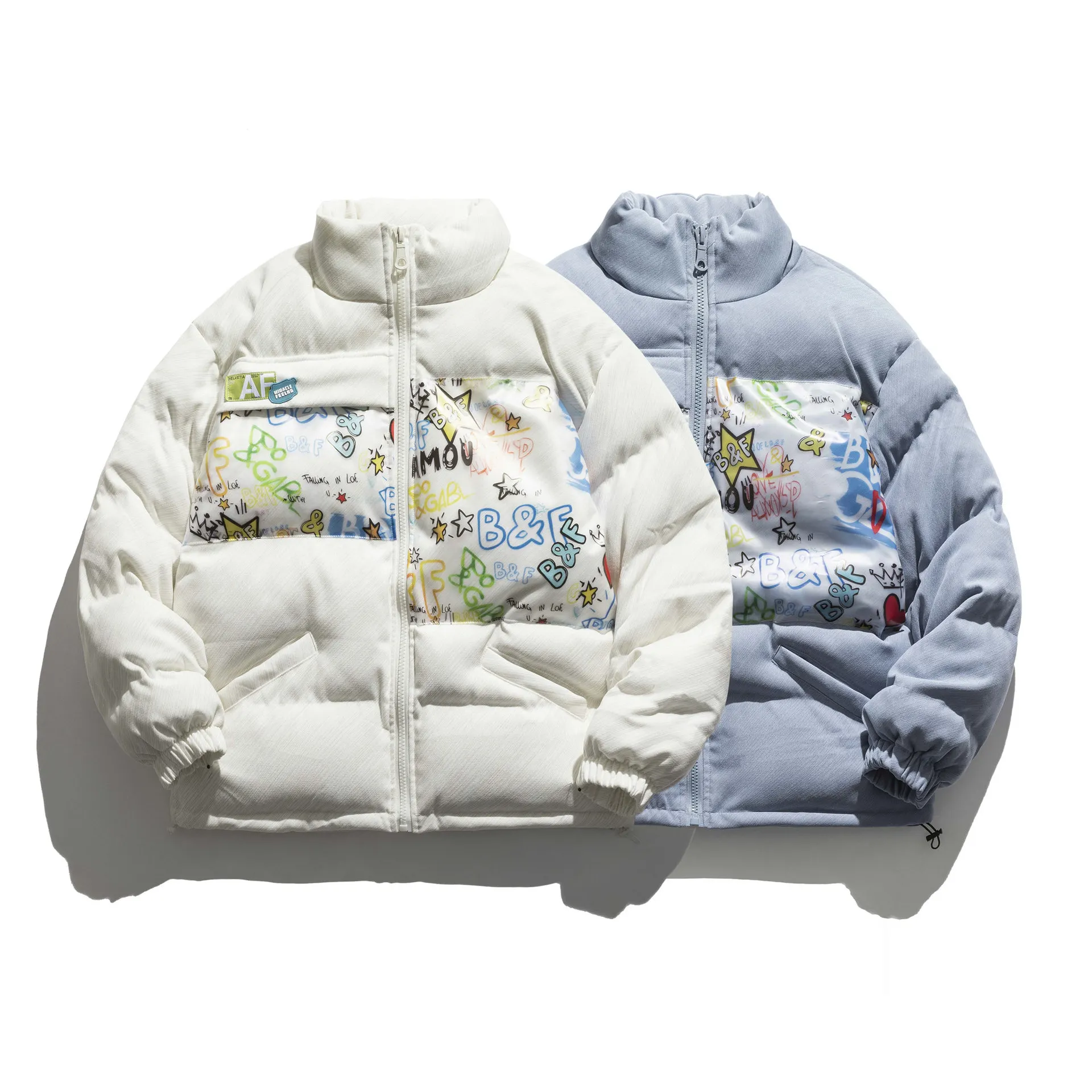 

Women Japanese Thicken Parkas Cartoon Graffiti Print Patch Padded Jacket Harajuku Stand-collar Winter Coat Oversized Streetwear