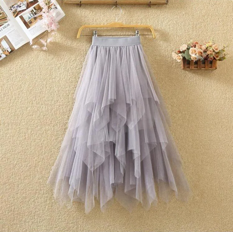 Women Sweet Midi Spring And Summer High Waist Solid Asymmetrical Elegant Chic White Mesh Tulle Skirts Faldas