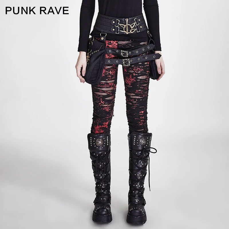 PUNK RAVE Gothic Women Broken Mesh Leggings High Elastic Holes Crocheted Breathable Ripped Pants Black Red Steampunk Charm Sexy