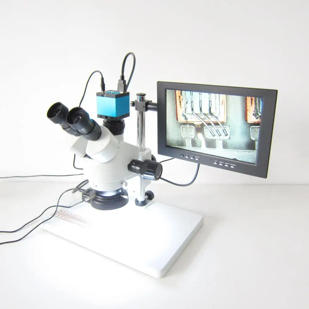 

simul-focal Continuous Zoom 7~45X Trinocular Stereo Microscope+16MP HDMI/USB microscope camera+144 LED Light+10" LCD Monitor