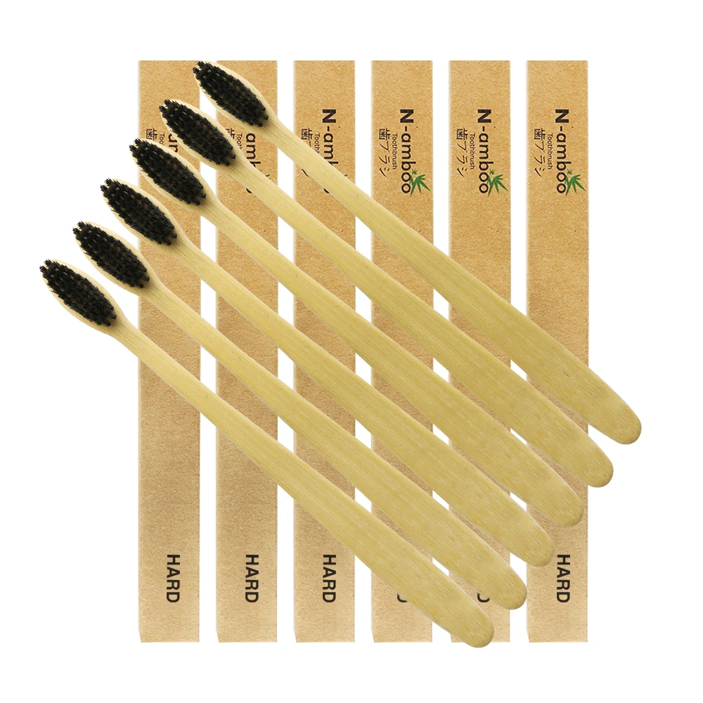 6 Pieces Black Manual Toothbrush Adult Bamboo Wood toothbrush Hard Hard-bristle Wooden Handle | Красота и здоровье