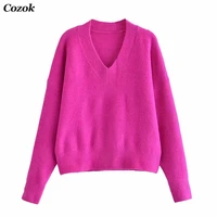 za 2021 new autumn women v neck soft knit sweater purple casual loose sweater long sleeve female pullovers chic tops