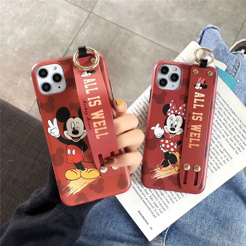 

Disney Mickey Minnie Cartoon Mobile Phone Case with Wristband for iPhone 7/8 plus x/xs xr xsmax 11 pro max 12pro max Cute Shell