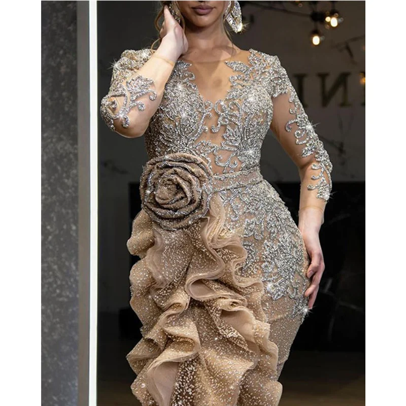 

WEPBEL Women Evening Dress Ladies Sexy Sequins Floral Ruffle Mermaid Dress Female Elegant Mesh Hollow Out Party Dress