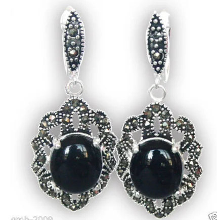 

Vintage Natural Black agate Gems Marcasite Dangle Earrings