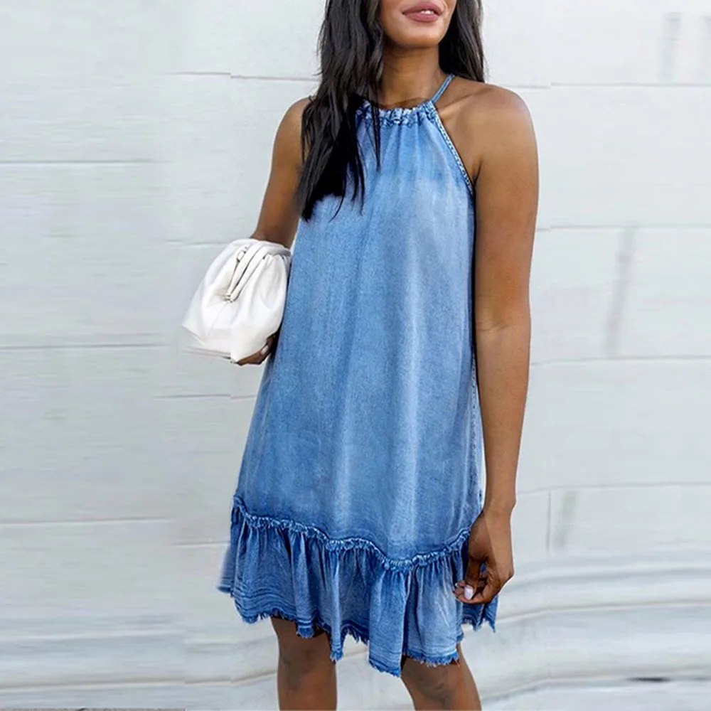 

Women Summer Dress Western Style Fashion Casual Oversize African Loose Simple Popular Ruffle Tie Dye Backless Halter 2021