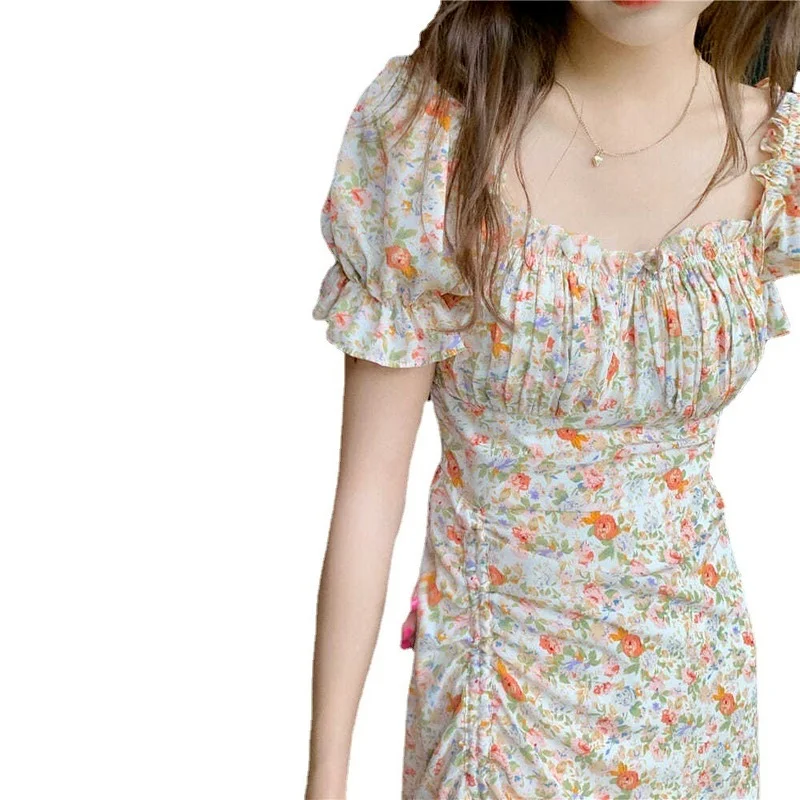 

2021 Summer New Women's Collar Print Dress Short Sleeve Small French Rag Bubble Sleeve Long Dress Sexy Dress Women Clothing