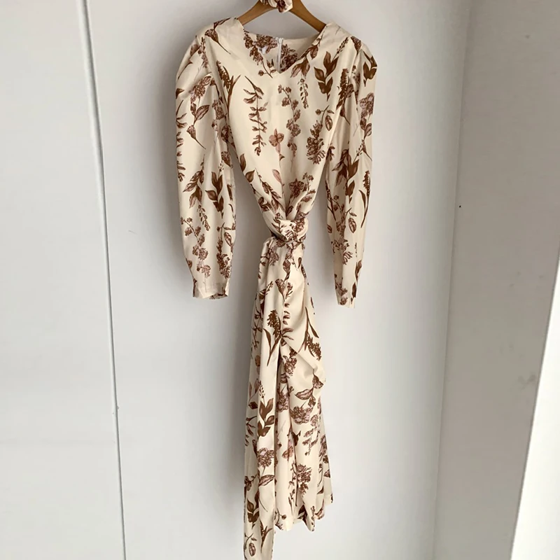 

ZAWAHIKI Korean Elegant Women Dress Spring2021 V-Neck Drawstring Slim Waist Irregular Print Vestidos Puff Sleeve Mid-Calf Dress
