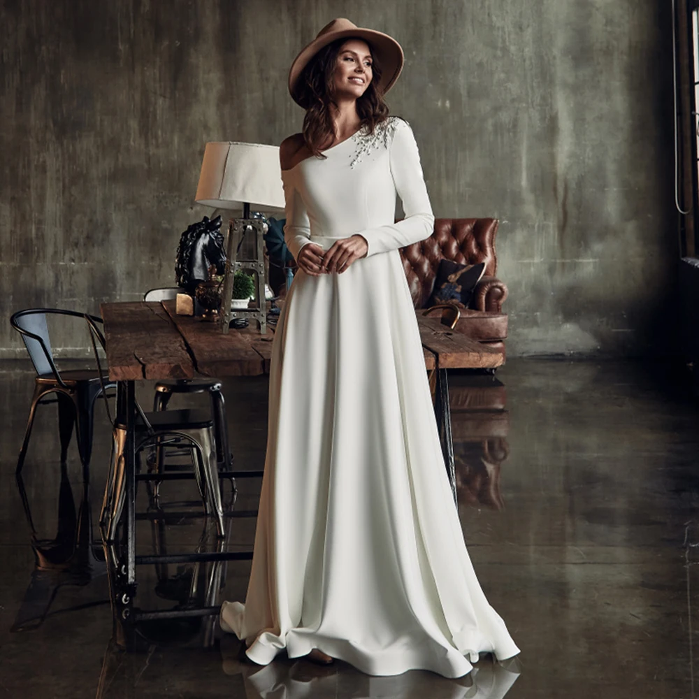 

Hippies One Shoulder A Line Wedding Dress Beading Boho Spandex Bridal Gown With Belt Long Sleeves Simple Wedding Dresses