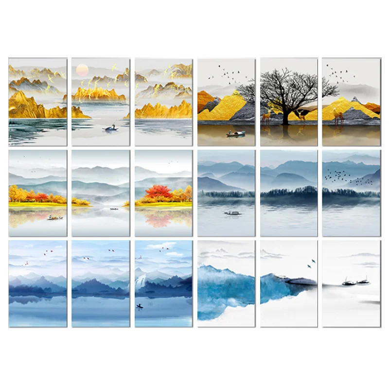 

Abstract Ink Landscape Blue Yellow Mountain Tree Fog Lake Boat Canvas Painting Wall Picture Print Poster Living Room Decoration