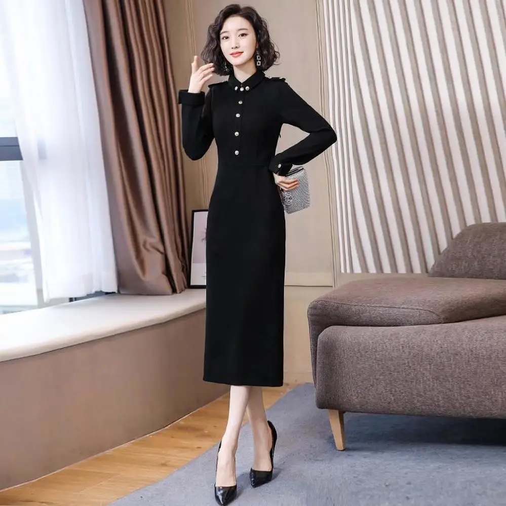 

Dress women autumn and winter black 2020 new Sheath Office Lady Knee-Length Regular Polyester