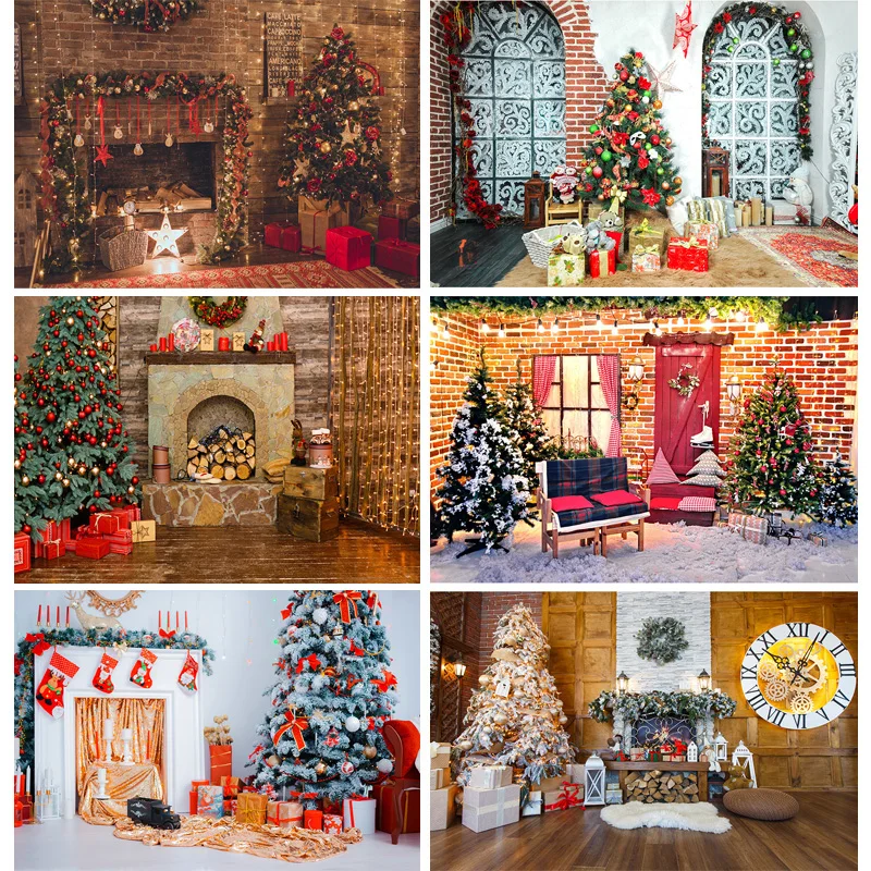

Vinyl Christmas Day Photography Backdrops Prop Christmas Tree Fireplace Photographic Background Cloth 21710CHM-005