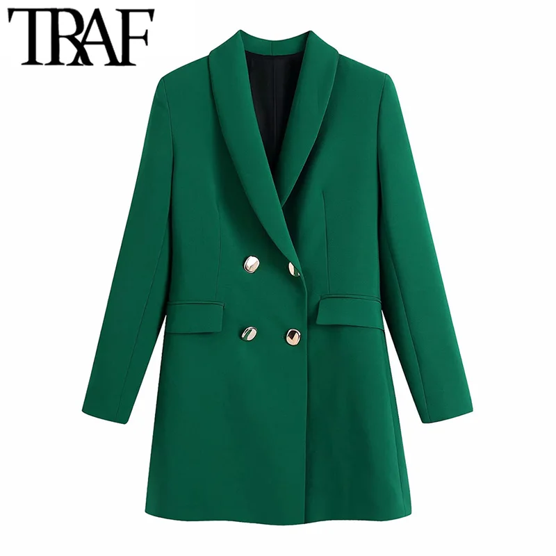 

TRAF Women Fashion Double Breasted Long Blazer Coat Vintage Long Sleeve Flap Pockets Female Outerwear Chic Veste Femme