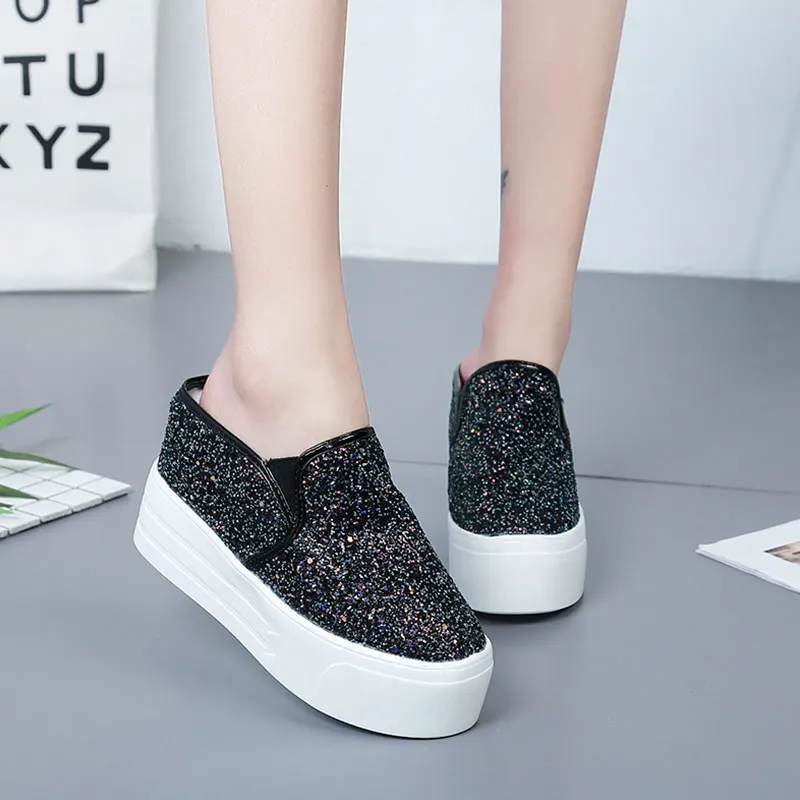 

Increased Internal Flat Shoes Female Womens Slippers Outdoor On A Wedge Slides Heeled Mules Platform Fashion Loafers Cover Toe H