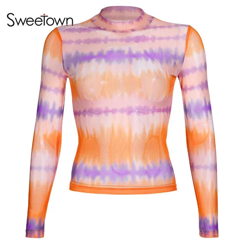 as picture Sweetown, градиентная полоска, галстук, краситель, принт, сетчатый топ, длинный рукав, водолазка, милая рубашка, прозрачная, сексуальная, женская футболка, Рейв, одежда - Цвет: as picture