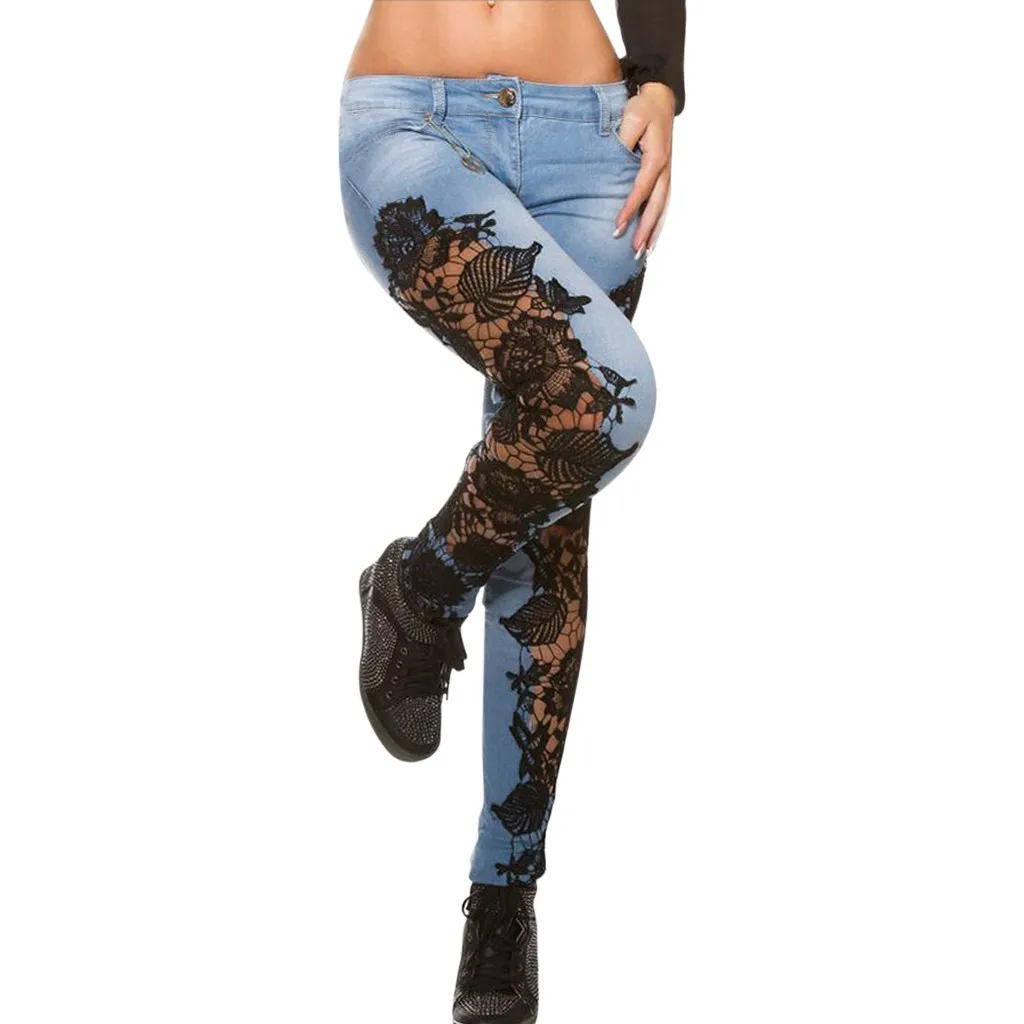 

Lace Jeans Fashion Women Lace Hole Floral Appliques Skinny Denim Jeans Pencil Pants