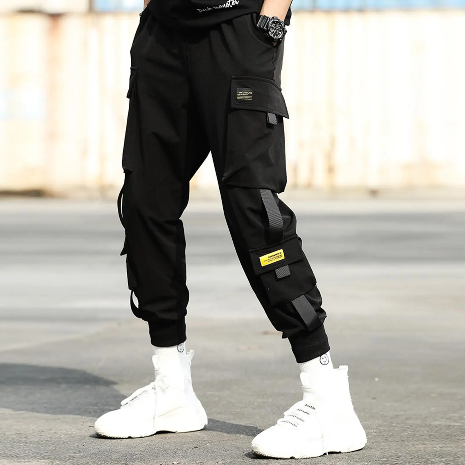

Men Casual Elastic Waistband Ankle Tied Pockets Cargo Pants Drawstring Trousers