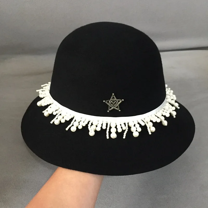 Шляпа-котелок Женская шерстяная элегантная фетровая шляпа с жемчужинами чёрная