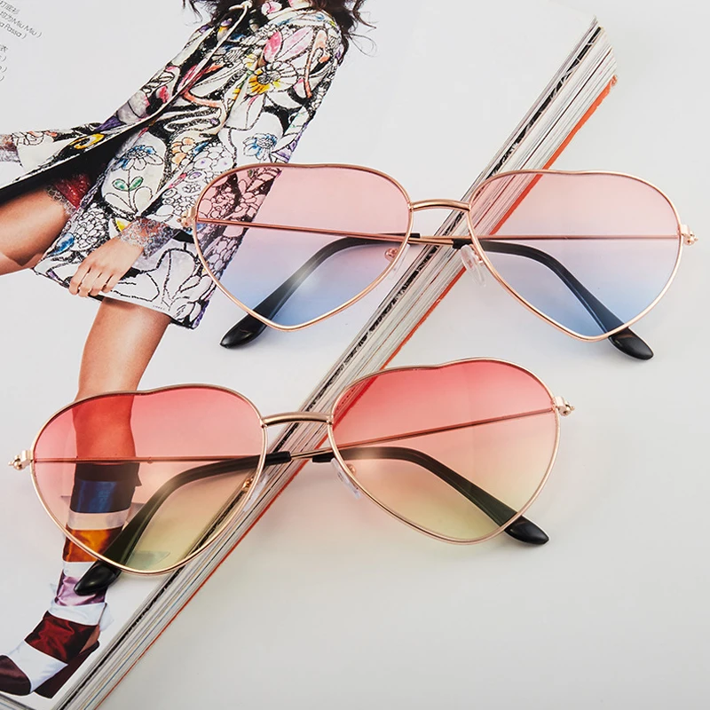 

2021 Fashion Gradient Sunglasses Women Ocean Water Cut Trimmed Lens Metal Curved Temples Sun Glasses Female Heart Sunglasses