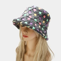autumn winter panama hat print plush bucket hats women flat top bonnet fisherman cap soft lamb wool ladies fashion accessories