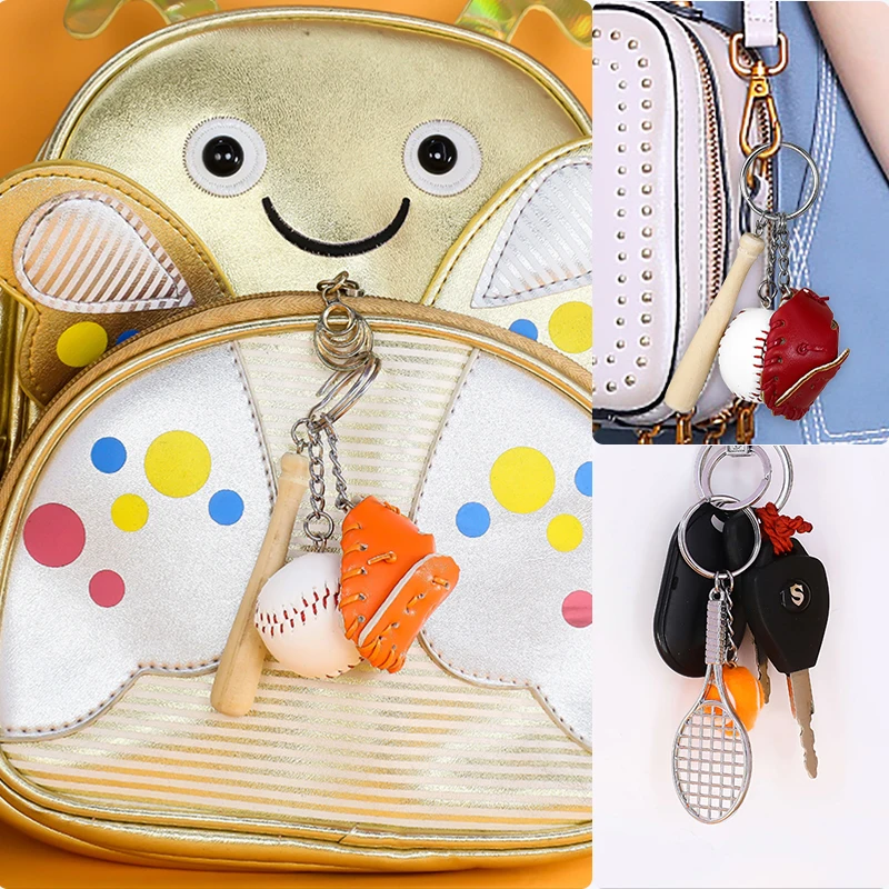 

Trend simulation alloy tennis baseball Keychain pendant creative children's and youth gift sports series set Keyring Mini Pendan