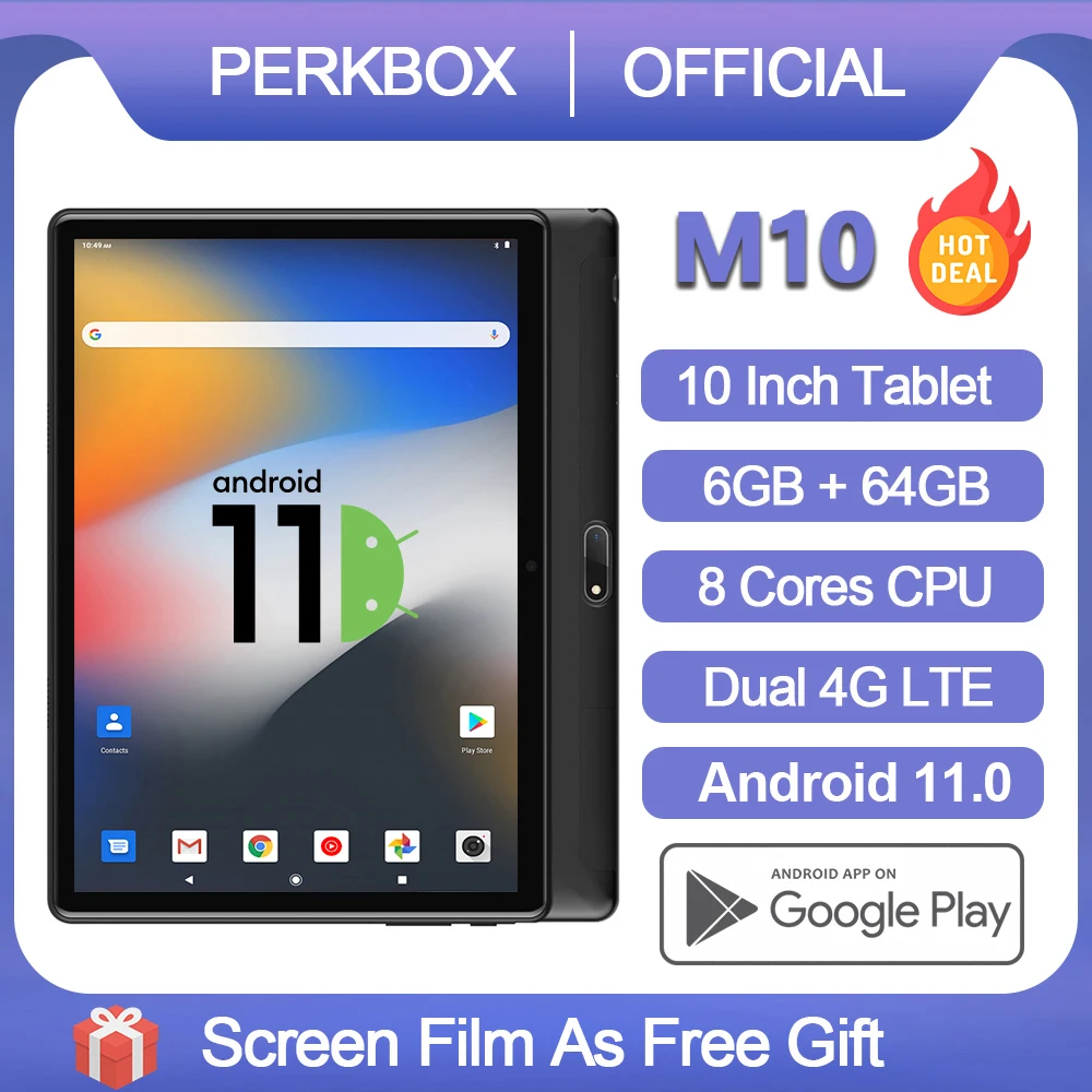 PERKBOX-Tableta M10, procesador Octa Core, 6GB de RAM, 64GB de almacenamiento, sistema operativo Android 11,0, tableta de 10 pulgadas, 1280x800 IPS, Wi-Fi, USB tipo C
