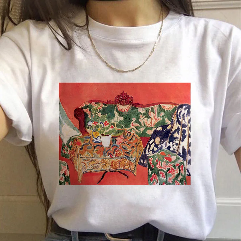 

2022 Летняя женская футболка с художественным принтом картины маслом, футболка 90-х девушек в стиле Харадзюку, женские футболки с коротким рук...