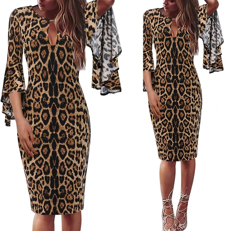 Brown Leopard Vfemage женское сексуальное платье с вырезом-замочной скважиной спереди, цветочное кружевное платье с рюшами и расклешенными рукавами, коктейльное платье для свадебной вечеринки, Клубное тонкое облегающее платье-футляр 960 - Цвет: Brown Leopard