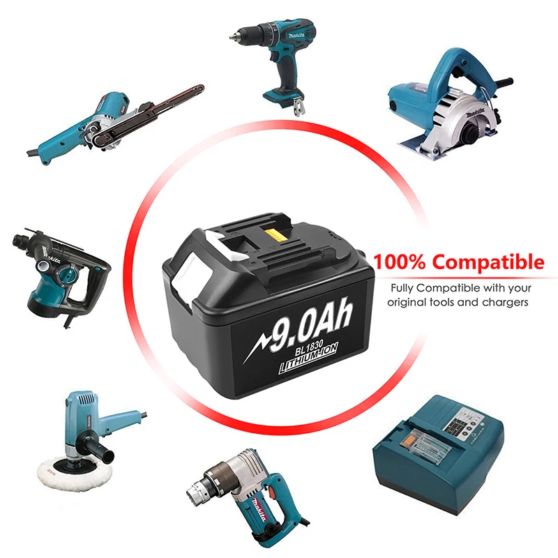 Аккумуляторная батарея 18V 9.0Ah Li Ion BL1830B с индикатором сменная для Makita BL1830 BL1840 BL1840B