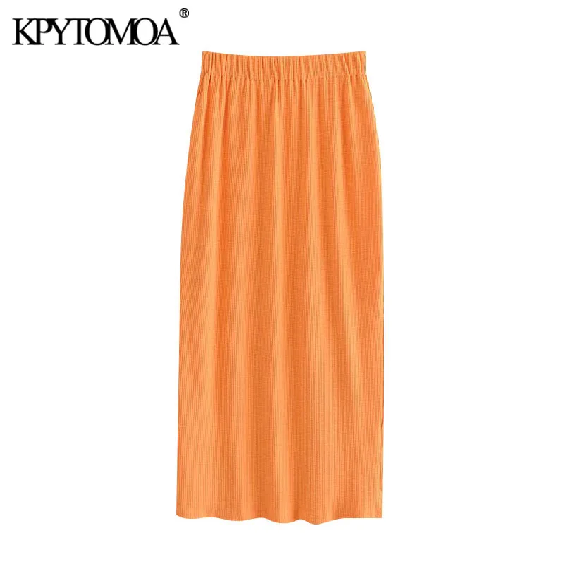 

KPYTOMOA Women 2021 Chic Fashion Orange Knitted Pencil Skirt Vintage High Elastic Waist Office Wear Female Skirts Mujer