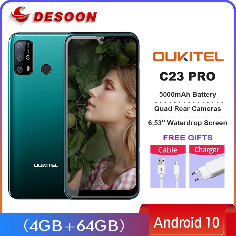 OUKITEL C23 Pro 6.53'' 4GB 64GB Smartphone 5000mAh 4G   720*1600 Waterdrop Screen 13MP Quad Rear Cameras Android 10 Mobile Phone