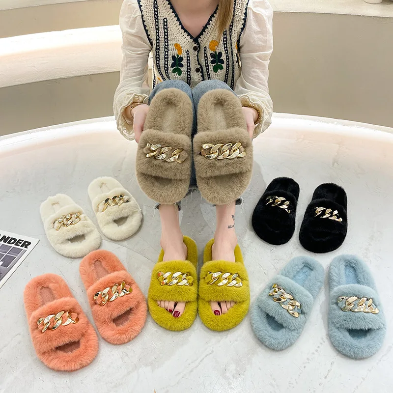 

Summer Fluffy Women slippers Gold Chain Fur slippers Shoes Women Fox Fur Flip Flop Flat Furry Fur Slides Outdoor Sandals Woman
