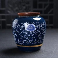 european blue pattern ceramic tea caddy household retro round candy box tea coffee bean grains sealed cans home decoration gifts